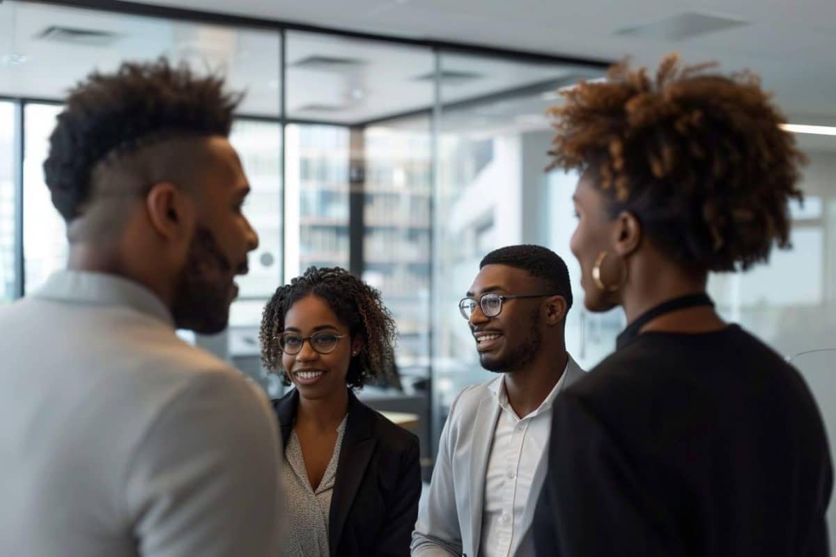 Groupe de professionnels discutant au bureau.