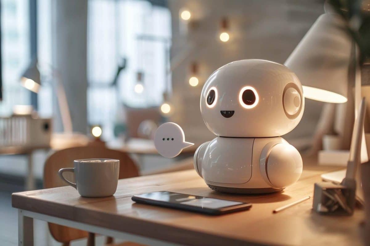 Robot mignon sur bureau avec café et smartphone.