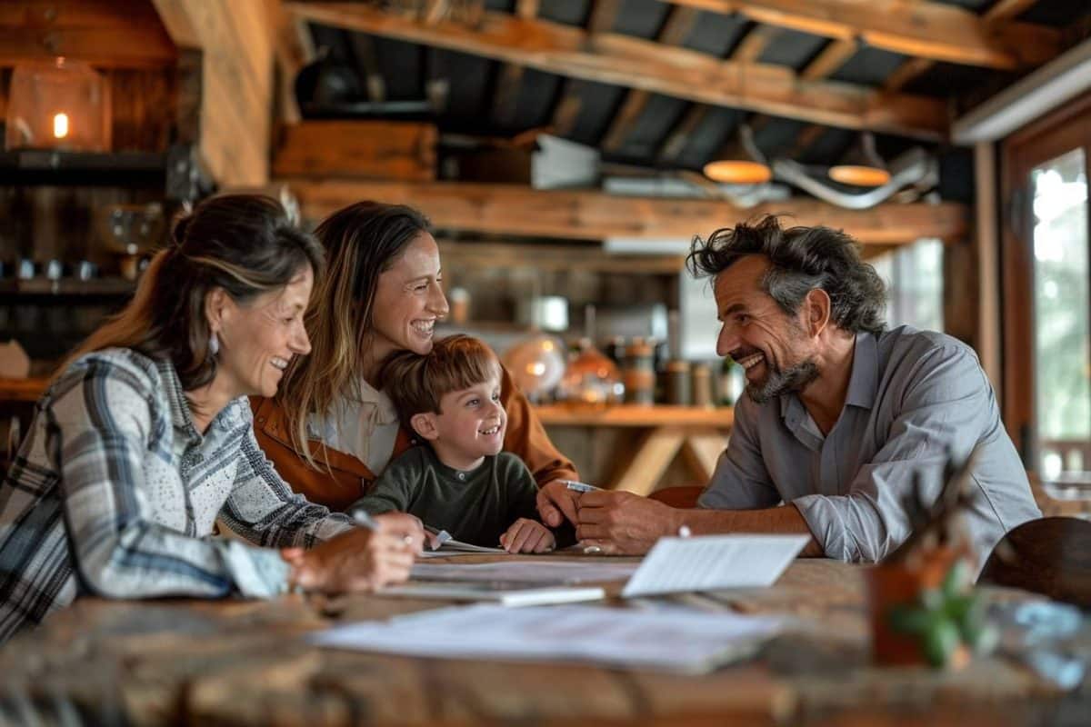 Famille souriante jouant à un jeu de société.