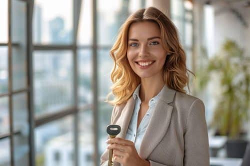Femme souriante en tenue professionnelle avec badge.